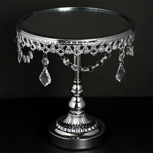 Load image into Gallery viewer, Set of 3 Silver Round Modern Mirror Top Cup Cake Riser Centerpiece Stand with Hanging Acrylic Crystal Chains