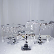 Load image into Gallery viewer, Set of 3 Silver Square Metallic Modern Cup Cake Riser Centerpiece Stand with Crystal Pendant Chains