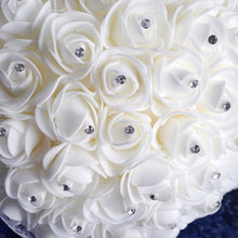 Load image into Gallery viewer, 4 PCS White Artificial Rhinestone Studded Foam Rose Flower Wedding Bridal Bouquet With White Satin Ribbon Bows