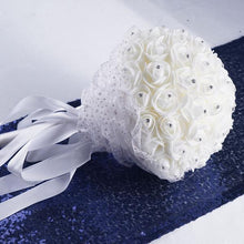 Load image into Gallery viewer, 4 PCS White Artificial Rhinestone Studded Foam Rose Flower Wedding Bridal Bouquet With White Satin Ribbon Bows