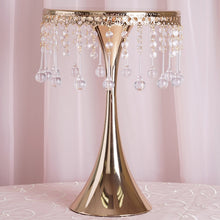 Load image into Gallery viewer, 17" Tall Gold Metallic Trumpet Cake Riser Centerpiece with hanging Acrylic Crystal Chains
