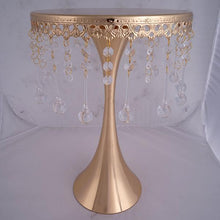 Load image into Gallery viewer, 17" Tall Gold Metallic Trumpet Cake Riser Centerpiece with hanging Acrylic Crystal Chains
